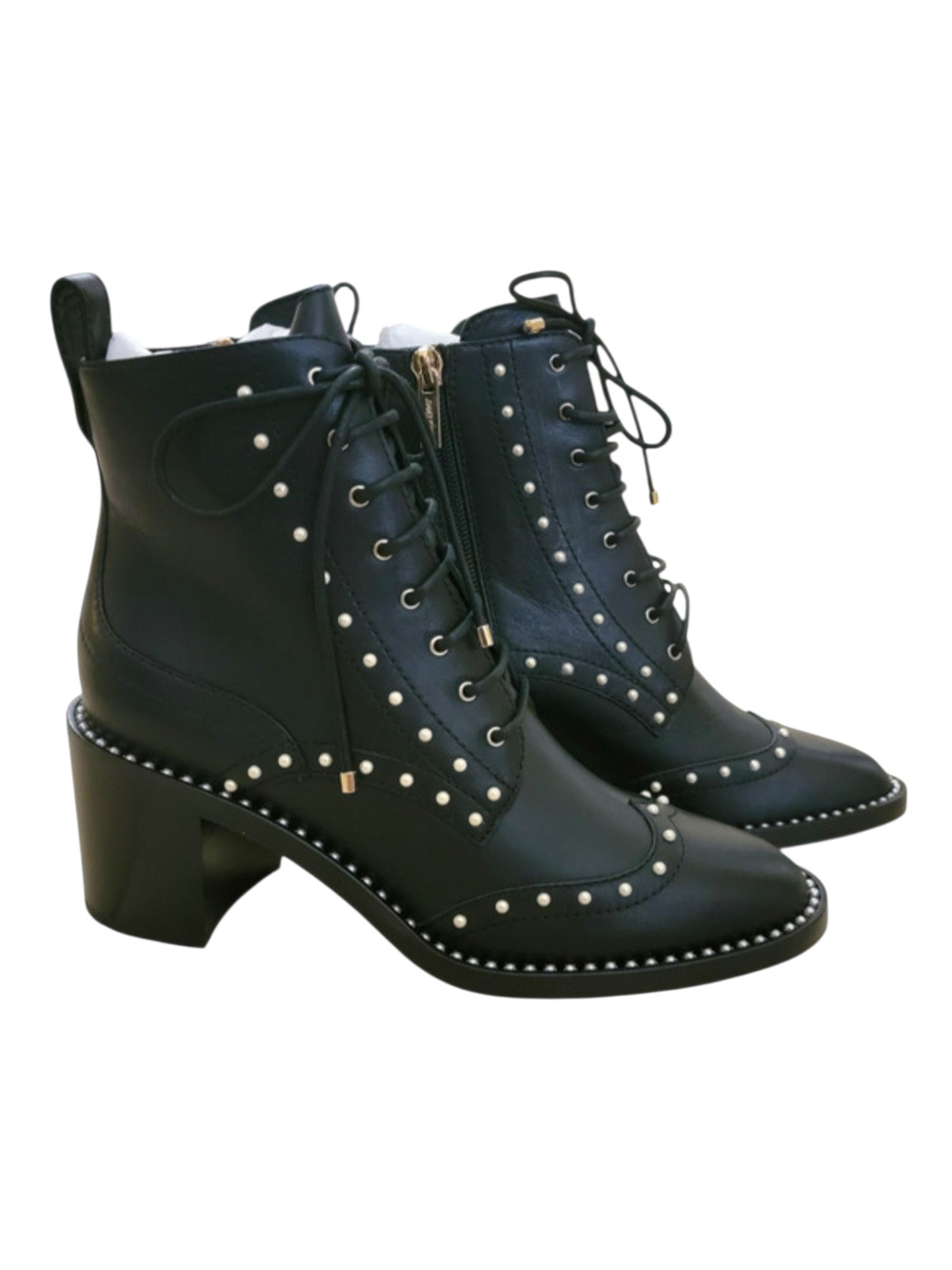 Jimmy Choo Leather Black Ankle Hanah 65 Pearl Studded Lace-Up Combat Heel 38 8